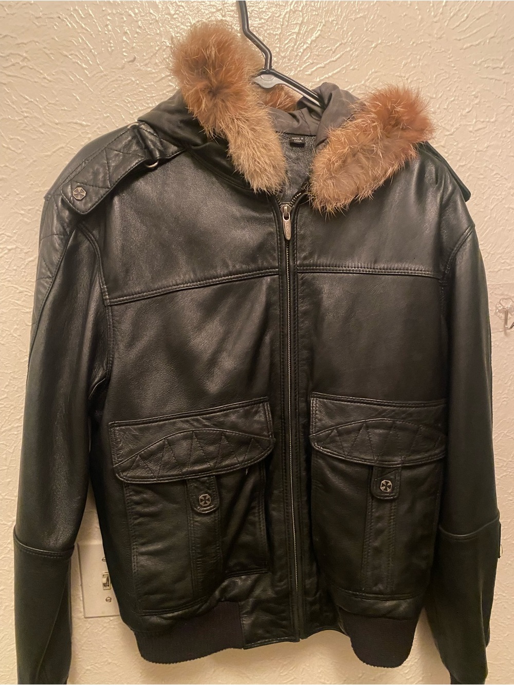Pelle Pelle Black Leather Bomber Jacket with Brown Fur Trim Hood